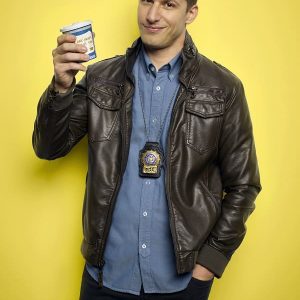 American comedian Andy Samberg Wearing Leather Jacket In Brooklyn Nine-Nine Series