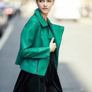 Women Double Asymmetric Green Leather Jacket