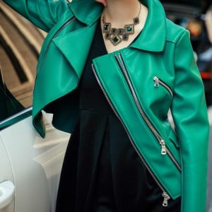 Women Double Asymmetric Green Leather Motorcycle Jacket