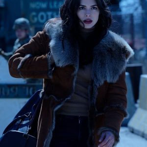 Actress Conor Leslie Wearing Brown Suede Shearling Coat In Titans as Donna Troy