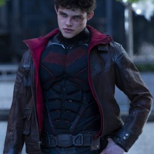 Curran Walters Wearing Leather Jacket In Titans as Jason Todd
