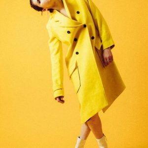 Alexandra Daddario Wearing Yellow Wool Coat